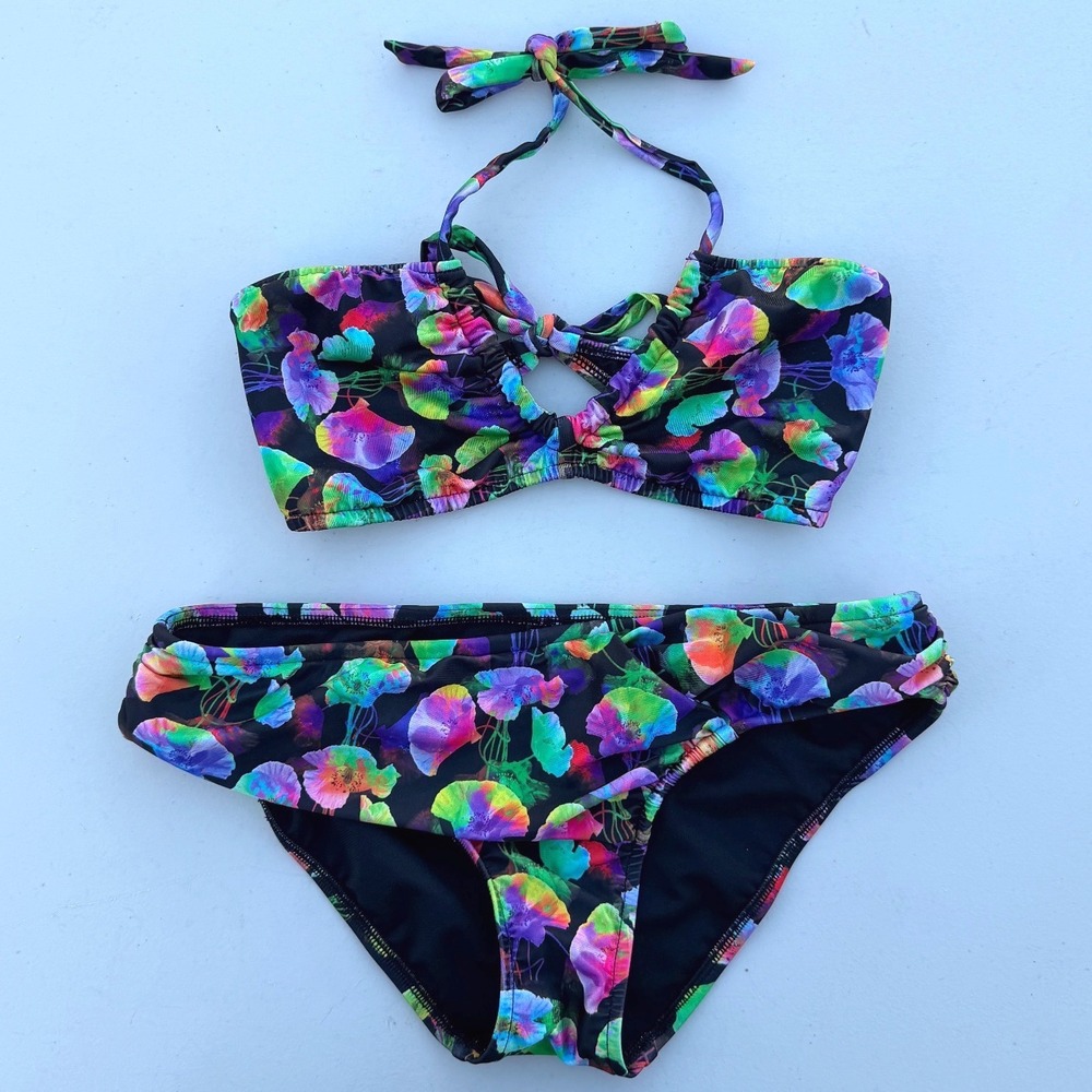 Allen B Neon Floral Bikini Set‎ Halter Top Bottoms Festival Black Multi 10 12